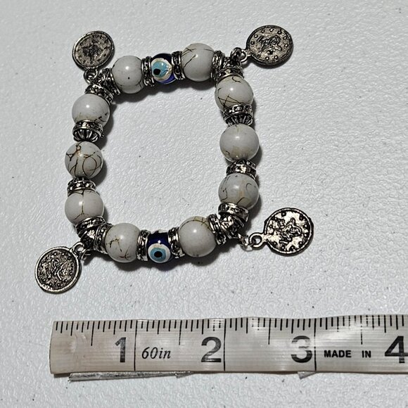 Evil Eye Silver Plated Bracelet White Turquoise Beaded Stretch Coin Charms Women - Picture 4 of 4
